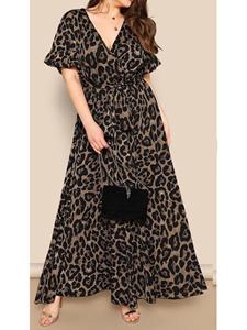 SaraMart Modisches Kleid mit V-Ausschnitt und Rüschenärmeln zum Schnüren mit Leopardenmuster
