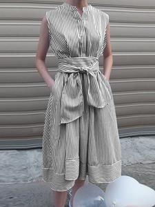 SaraMart Cela Damen japanisches und kornisches lässiges gestreiftes Kleid, europäisches und amerikanisches Modetament, er V-Ausschnitt, ärmellos, loerer Stil,
