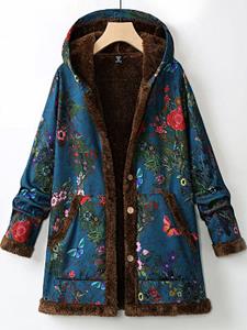 BERRYLOOK Casual Loose Cashmere Thickened Floral Print Hooded Coat