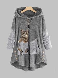 BERRYLOOK Casual Cat Print Plush Thermal Hooded Coat