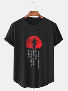 ChArmkpR Mens Red Sun Figure Japanese Print Curved Hem Short Sleeve T-Shirts