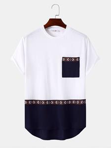 ChArmkpR Mens Ethnic Matching Chest Pocket Curved Hem Short Sleeve T-Shirts