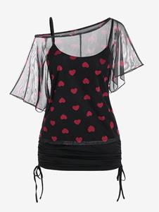 Rosegal Plus Size Heart Print Skew Neck Sheer Mesh Blouse and Cinched Tank Top Set