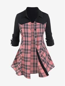Rosegal Plus Size Colorblock Plaid Roll Up Sleeves Shirt