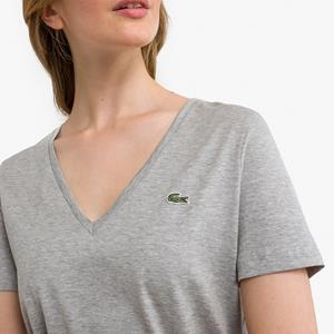 Lacoste Damen-T-Shirt aus Baumwolle mit V-Ausschnitt - Heidekraut Grau 