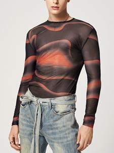 INCERUN Mens Sheer Mesh Swirl Print Skinny T-Shirt