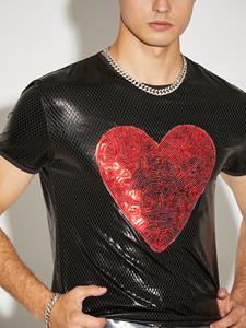 INCERUN Mens Shiny Metallic Love Heart Patch T-Shirt