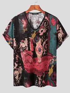 INCERUN Mens Cotton Ethnic Style Floral Print T-Shirt