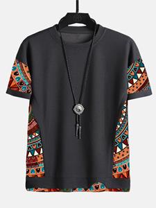 ChArmkpR Mens Ethnic Geometric Pattern Stitching Texture Short Sleeve T-Shirts