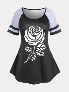 Rosegal Raglan Sleeve Rose Print Plus Size & Curve Tee