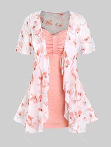 Rosegal Plus Size & Curve Floral Tie Blouse and Knot Solid Tank Top Set