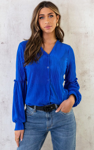 The Musthaves Plisse Blouse Met Ruches Mouw Kobalt