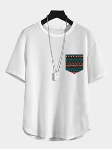 ChArmkpR Mens Ethnic Geometric Pocket Knit Curved Hem Short Sleeve T-Shirts