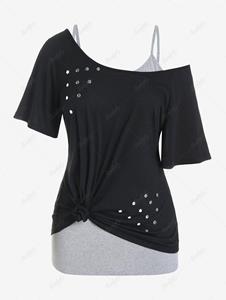 Rosegal Plus Size Rivets Skew Neck Tee and Cami Top Contrast Two Piece Set