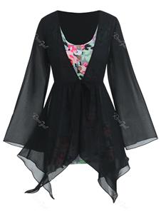 Rosegal Plus Size Handkerchief Sheer Blouse And Floral Top Set