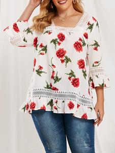 Rosegal Plus Size Ruffle Floral Pattern Lace Splicing Blouse