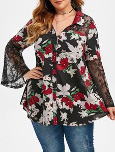 Rosegal Plus Size Bell Sleeve Floral Print Shirt
