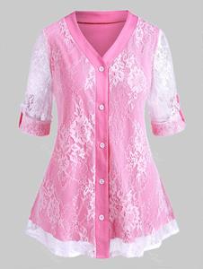 Rosegal Plus Size Roll Up Sleeve Lace Overlay Blouse