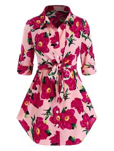 Rosegal Plus Size Flower Roll Tab Sleeve Curved Hem Knotted Blouse