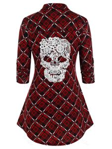 Rosegal Plus Size Plaid Crochet Skull Button Up Curved Hem Shirt