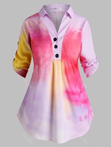 Rosegal Button Front Tab Sleeve Tie Dye Plus Size Top