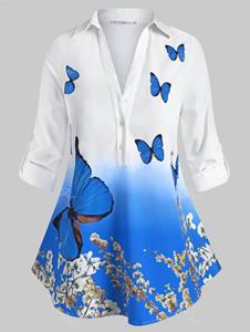 Rosegal Button Front Tab Sleeve Floral Butterfly Plus Size Shirt