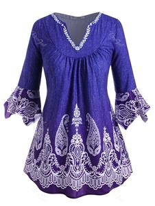 Rosegal V-notched Flare Sleeve Paisley Printed Plus Size Blouse