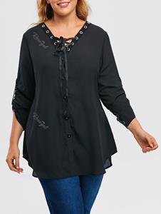 Rosegal Plus Size Roll Up Sleeve Lace Up Chiffon Top