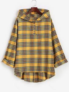 Rosegal Plus Size Plaid Hooded High Low Top
