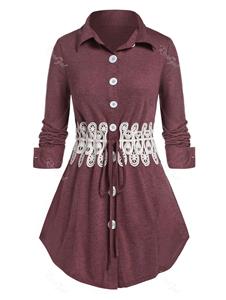 Rosegal Plus Size Buttons Up Contrast Lace Drawstring Shirt