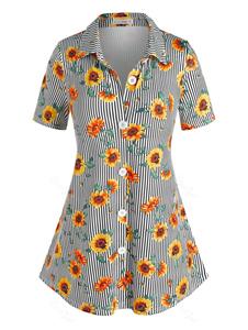 Rosegal Plus Size Sunflower Print Stripe Shirt