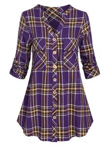 Rosegal Plus Size Roll Up Sleeve Pockets Plaid Shirt