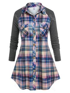Rosegal Plus Size Pockets Raglan Sleeve Plaid Shirt