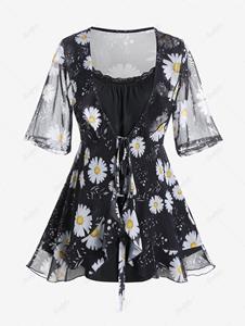 Rosegal Plus Size Sunflower Print Sheer Mesh Blouse and Camisole Set