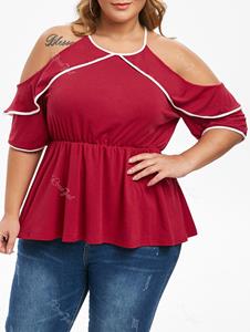Rosegal Plus Size Contrast Piping Cold Shoulder Peplum T-shirt