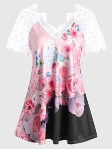 Rosegal Plus Size Lace Panel Cutout Floral T Shirt