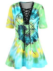 Rosegal Plus Size Lace-up Spiral Tie Dye Print Tunic Top