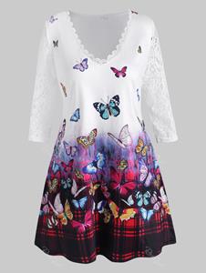 Rosegal Plus Size Butterfly Print Lace Sleeve T Shirt