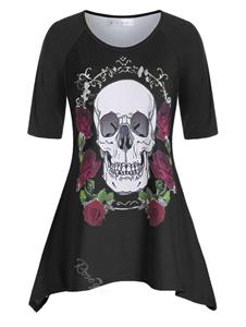 Rosegal Plus Size Raglan Sleeve Rose Skull Asymmetric T Shirt