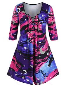 Rosegal Plus Size Galaxy Moon and Star Tunic Lace-up Tee