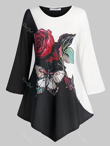 Rosegal Plus Size Floral Butterfly Print Colorblock T Shirt