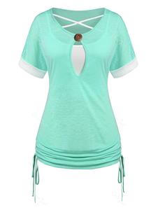 Rosegal Plus Size & Curve Keyhole Colorblock Cinched T Shirt with Crisscross Camisole