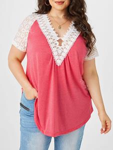 Rosegal Plus Size Lace Panel Plunging Neck Tee