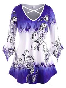 Rosegal Flare Sleeve Paisley Criss Cross Plus Size Top