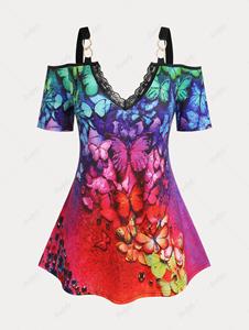 Rosegal Plus Size & Curve Butterfly Print Cold Shoulder Tee
