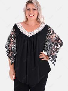 Rosegal Plus Size Lace Panel Batwing Sleeves Two Tone Tee