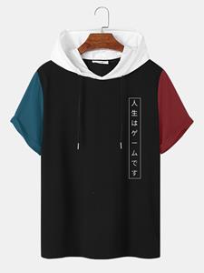 ChArmkpR Mens Japanese Print Patchwork Short Sleeve Hooded T-Shirts