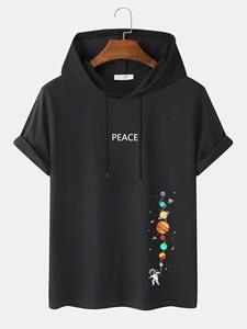 ChArmkpR Mens Planet Astronaut Letter Print Short Sleeve Hooded T-Shirts