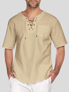 INCERUN Mens Solid Drawstring V-Neck Cotton Short Sleeve T-Shirt