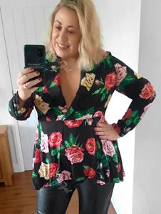 Rosegal Plus Size Plunging Neck High Low Floral Blouse